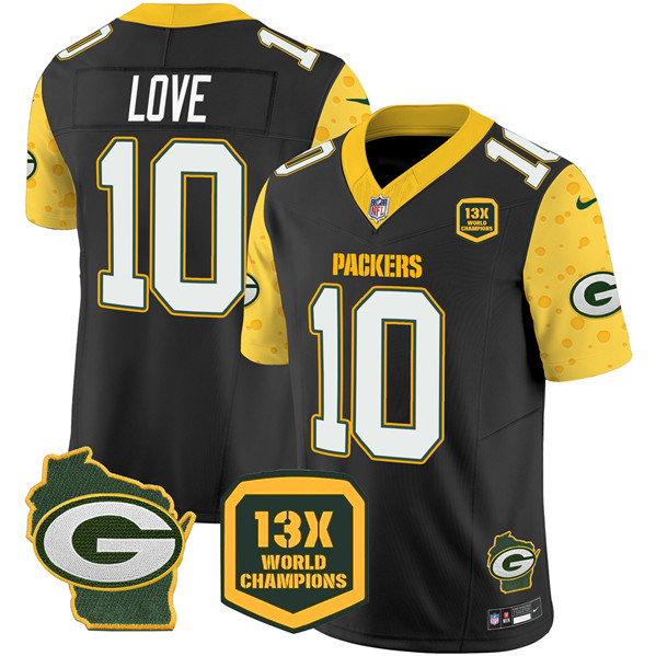 Men's Green Bay Packers #10 Jordan Love Cheese Black 2024 F.U.S.E. 13 Time World Champions And Home Patch Vapor Untouchable Limited Stitched Football Jersey